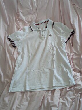Moncler White Tipped Logo Patch Polo Shirt Size L